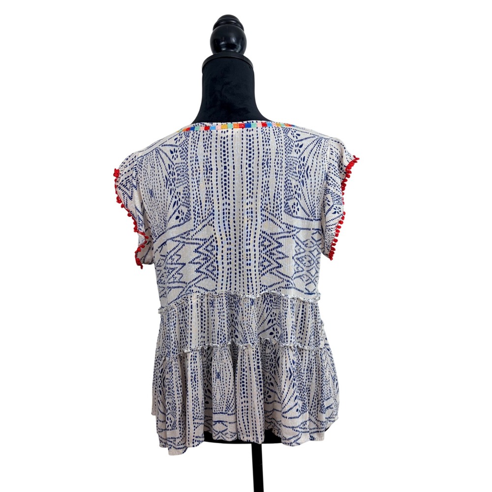 THML Woman S Blue Cream Geometric Print Tiered Babydoll Gauzy Rainbow Embroidery - Picture 3 of 9
